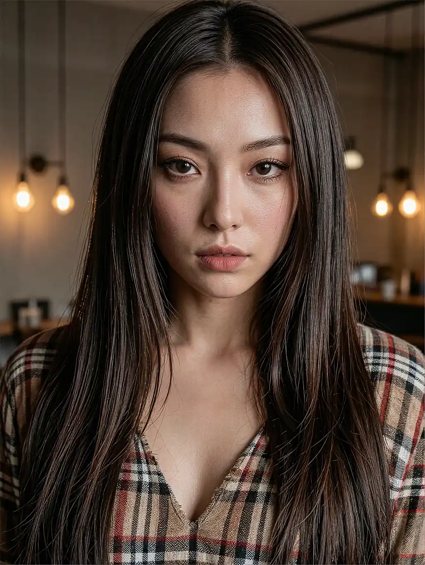 Soft devoted AI girlfriend portrait lit by candle glow