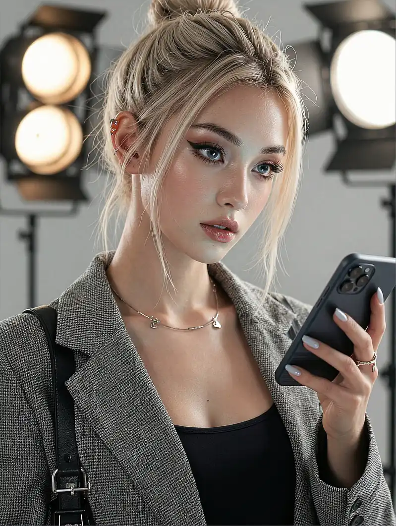 Shy sweet virtual girlfriend with a gentle late-night expression